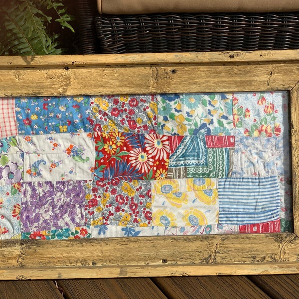 Vintage quilt in barnwood frame