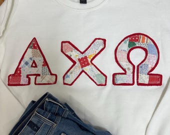 Quilted vintage crewneck Greek letters, sorority, sweatshirt, alpha, chi, omicron, delta, kappa, gamma,  omega, phi, pi, theta, sigma