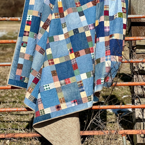 Handmade Farmhouse Upcycled Denim Patchwork Quilt Country Rustic Decor Cottage