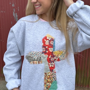 Cross Vintage Quilted Crewneck: Sweatshirt Grandmacore Patchwork Cottagecore Handmade Faith Jesus Apparel Christian, Shirt