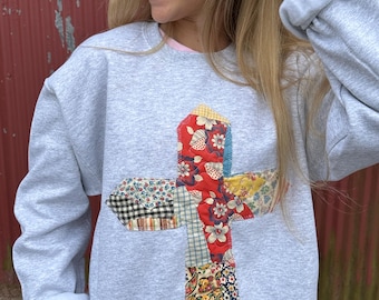 Cross Vintage Quilted Crewneck: Sweatshirt Grandmacore Patchwork Cottagecore Handmade Faith Jesus Apparel Christian, Shirt