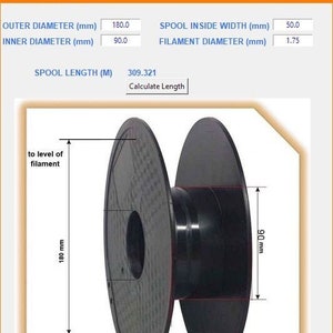 Puede incluir: Un calculador de longitud de carrete con un carrete de plástico negro con un diámetro exterior de 180 mm, un diámetro interior de 90 mm y un ancho de 50 mm. El calculador muestra una longitud de carrete de 309,321 metros.