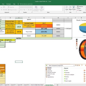 May include: A spreadsheet with a chart and a picture of a spool of orange filament. The spreadsheet shows the length of filament used and remaining on the spool. The chart shows the percentage of filament used. The filament is labelled "Bark Transparent Orange PETG".