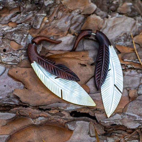 Mother of Pearl Feather Fake Gauged Earrings - Hand Carved - Tribal Festival Alternative Boho - Fake Expander - Lightweight