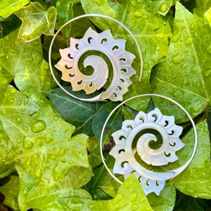 Mother of Pearl Spike Spiral Earrings • Hand-Carved Boho Shell Jewelry