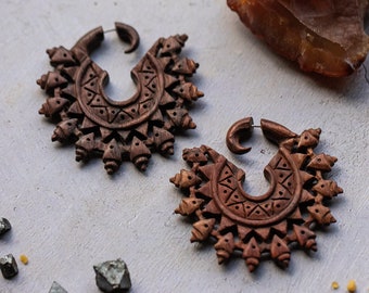 Big Hand Carved Fake Expander - Lightweight - Wood Jewelry - Alternative Boho - Faux Fake Gauge Statement Earrings