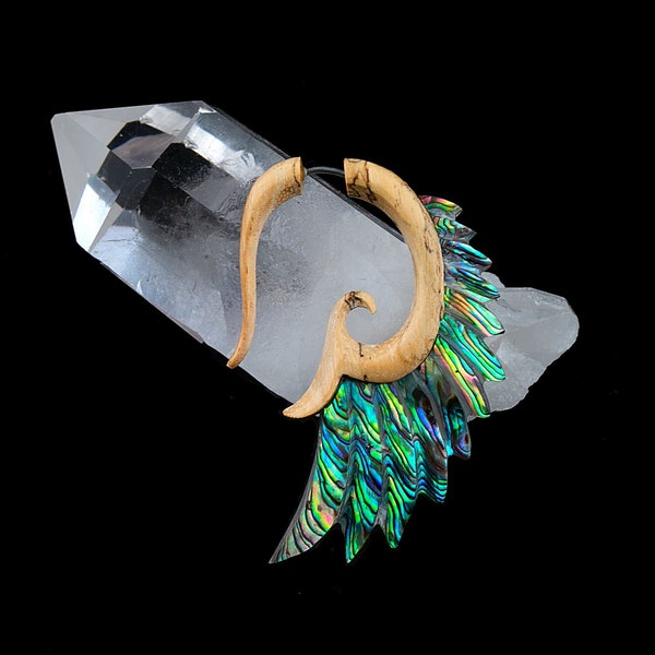 Abalone Angel Wing - Fake Gauged Earrings - Hand Carved - Tribal Festival Alternative Boho - Lightweight