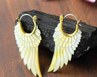 Hand Carved Mother of Pearl Angel Earrings • Boho Shell Jewelry • Elegant Tribal Style