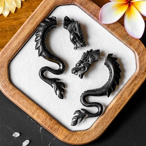 Hand-Carved Wood Dragon Earrings • Faux Gauge Tribal Boho Jewelry • Organic Lightweight Earrings