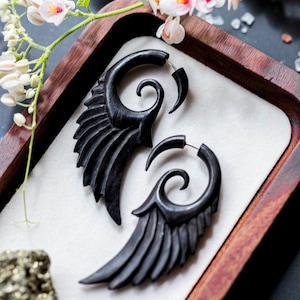 Black Angel Wings Earrings – Hand Carved Eboni Wood – Tribal Style Expanders – Organic Fake Gauges