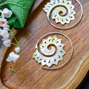 Hand Carved Mother of Pearl Spike Spiral Earrings • Boho Shell Jewelry • Elegant Tribal Style