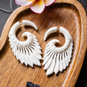 White Feather Buffalo Bone Earrings • Hand Carved Tribal Boho Jewelry • Lightweight Faux Gauge Earrings