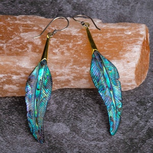 Abalone Feather Earring - Hand Carved Drop Dangle - with Silver Post - Organic Balinese Jewelry - Lightweight