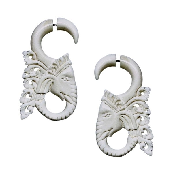 White Elephant Ganesha Fake Gauged Earrings - Buffalo Bone Jewelry - Hand Carved Faux Fake Expander - Lightweight - Organic Jewelry