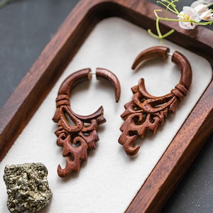 Wood Hand Carved Fake Gauge Earrings: Tribal Boho Faux Expander