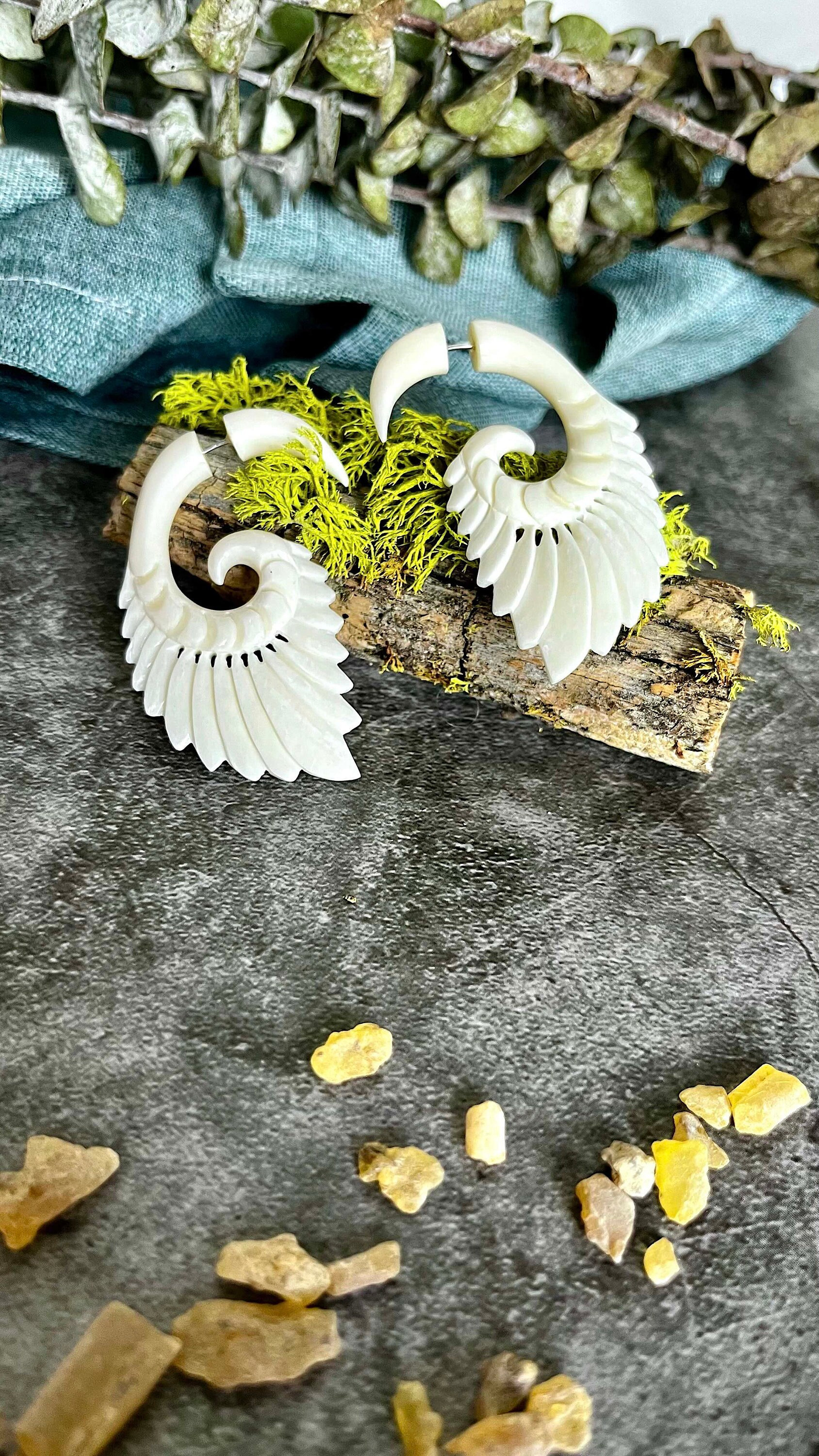 Hand Carved Bone Feather Earrings - 2.4 Inch Dangle Drop Ox Bone Jewelry With French Hook
