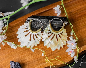 Hand Carved Mother of Pearl Flower Earrings • Boho Shell Jewelry • Elegant Tribal Style