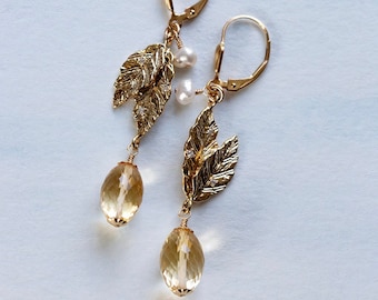 Citrine Earrings Gold, Leaf Gemstone Earrings, Citrine Dangle Drop Earrings For Women, Jewelry Gift For Wife, November Birthstone Earrings