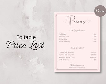 Puede incluir: Una lista de precios rosa con el texto "Lista de precios editable" y "Precios". La lista incluye servicios de maquillaje y pestañas con precios. El logotipo de Canva está en la esquina superior derecha. Instagram y el sitio web se enumeran en la parte inferior.