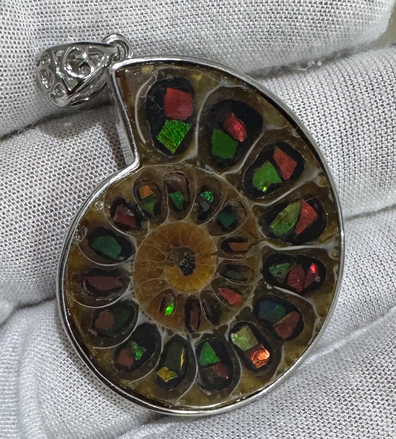 Puede incluir: Colgante con un f&oacute;sil de amonita pulido, con colores iridiscentes rojos, verdes y dorados. El f&oacute;sil est&aacute; engastado en un marco de metal plateado con una fianza decorativa. El patr&oacute;n en espiral del f&oacute;sil es claramente visible.
