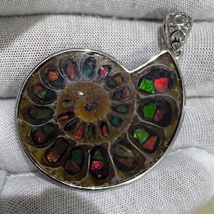 Puede incluir: Colgante con un f&oacute;sil de amonita pulido con colores iridiscentes rojos, verdes y dorados. El f&oacute;sil est&aacute; engastado en un marco de metal plateado con una fianza decorativa. El patr&oacute;n en espiral del f&oacute;sil es claramente visible.