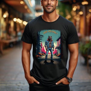 May include: A black t-shirt with a graphic of a werewolf wearing a denim jacket and jeans. The werewolf is standing on a street with houses in the background. The text "Howl you doing?" is above the werewolf.