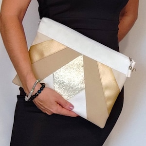 Ecru and gold clutch bag for wedding cocktail ceremony, zipped shoulder strap clutch with sequins, chic shoulder strap clutch