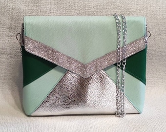 Green and silver clutch bag for wedding cocktail ceremony, zipped pouch bag shoulder strap graphic bag patchwork imitation leather