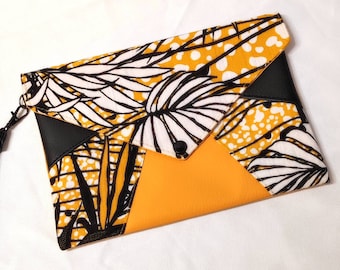 sac pochette femme en tissu et simili cuir avec dragonne jaune et noir imprimé tropical