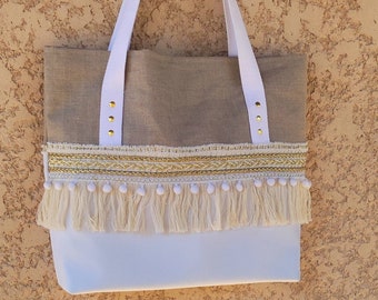 White boho style women's bag, faux leather tote bag with fringes and pompoms, hippie tote bag