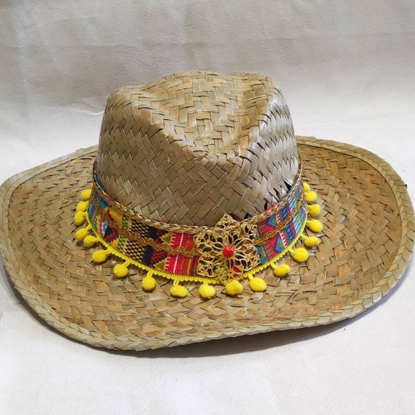 Boho hippie ethnic style straw hat with yellow pompoms and graphic print headband, summer beach vacation hat