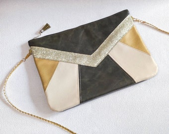 Khaki green, beige and gold evening clutch bag with sequined chevrons, chic clutch for wedding gala cocktail ceremony in imitation leather