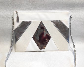 White and silver wedding clutch bag, cocktail ceremony evening clutch zipped with shoulder strap, chic graphic patchwork clutch