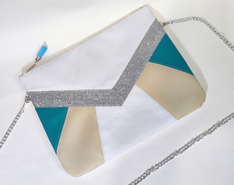 sac pochette chevron pour mariage en simili cuir blanc et turquoise