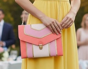 Pink and coral chevron faux leather wedding clutch bag, chic and colorful clutch for weddings, ceremonies, and cocktails, shoulder bag
