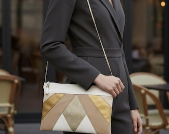 Ecrufarbene und goldene Clutch für Abendveranstaltungen, Hochzeiten, Zeremonien und Cocktailpartys; elegante Schultertasche mit Reißverschluss und Pailletten; schicke Schultertasche