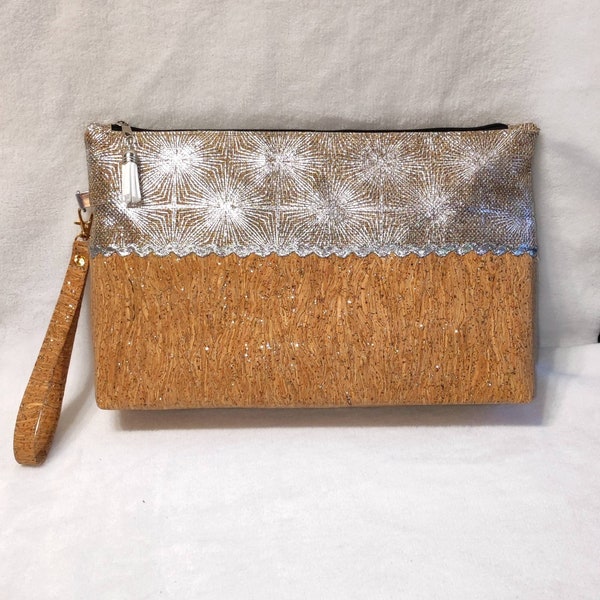 trousse femme en liège et toile de jute, trousse à maquillage ou toilette fourre tout végan en cuir végétal, trousse chic à paillette