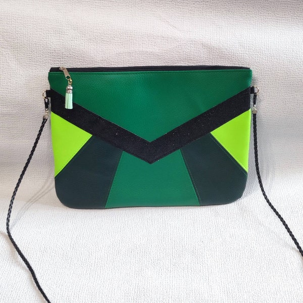 Sac pochette de soirée vert chevrons paillettes, pochette chic mariage cocktail cérémonie gala en simili cuir à bandoulière, idée cadeau