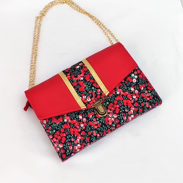 sac pochette compagnon rouge à fleurs liberty bandoulière chaine