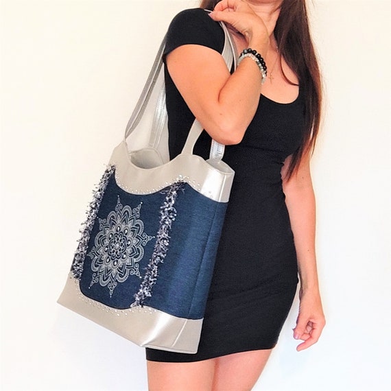 Large silver beach bag sale