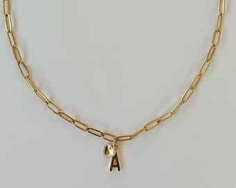 Dainty Gold Initial Necklace with Heart Charm - Charm Necklace