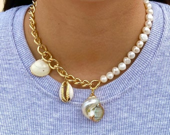 Half Pearl Shell Charm Necklace - Chunky Gold Charm Necklace - Shell Necklace