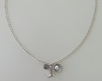 Silver Charm Necklace - Dainty Coastal Cowgirl Boot, Heart, Seashell Charm Necklace