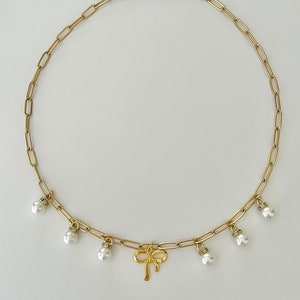 Gold Bow Charm Necklace - Dainty Bow with Pearls Charm Necklace