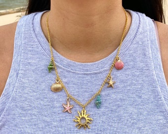 Summer Sun Charm Necklace - Colorful Charm Necklace - Shell Charm Necklace - Coastal Charm Necklace