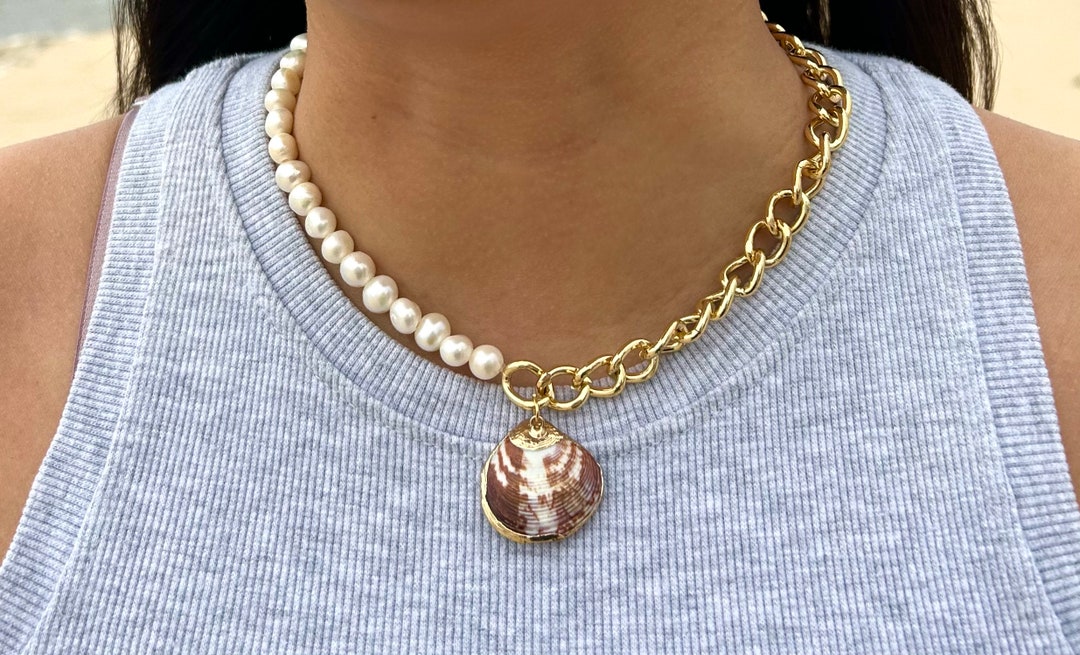 Half Chain Pearl Shell Necklace - Seashell Necklace - Coastal Charm ...