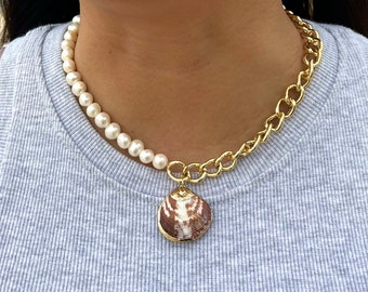 Half Chain Pearl Shell Necklace - Seashell Necklace - Coastal Charm Necklace - Summer Shell Necklace