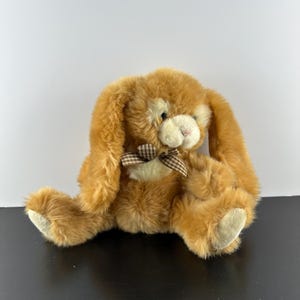 Vintage RUSS Berrie Plush Bunny Rabbit Bennington Gingham Bow Long Ears Easter Stuffed Animal 7”