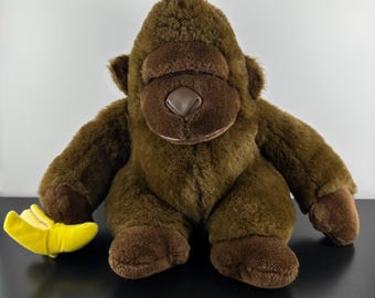 Vintage Gorilla Monkey Ape Brown Plush Stuffed Animal 15" Holding a Banana 1990s 90s