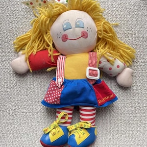 Vintage 80s Dollyanna Doll by Kiddicraft 1980s Numbers Shoelaces Yellow String Hair Plush
